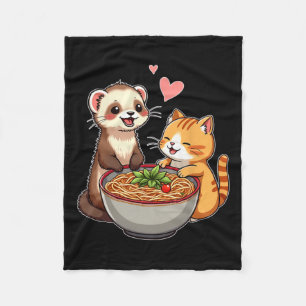 Kawaii Ferret And Cat Eating Ramen Cute Japanese A Fleece Blanket