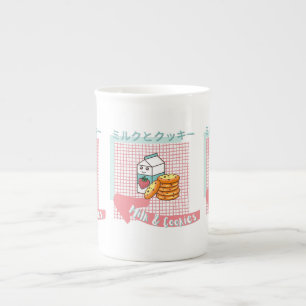 kawaii food- cute Milk and Cookie, pink, turquoise Bone China Mug