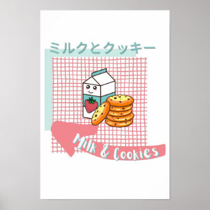 kawaii food- cute Milk and Cookie, pink, turquoise Poster