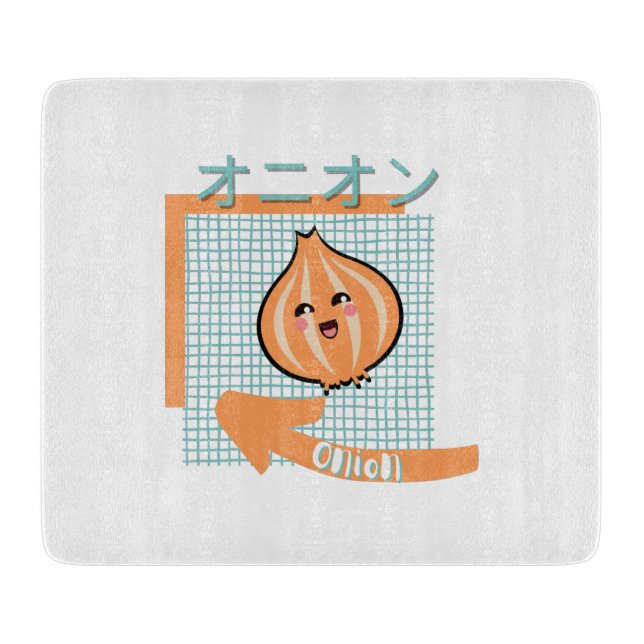 kawaii food- cute Onion, orange, turquoise Cutting Board (Front)