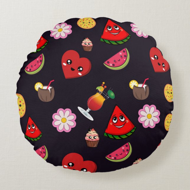 Kawaii food round cushion (Front)
