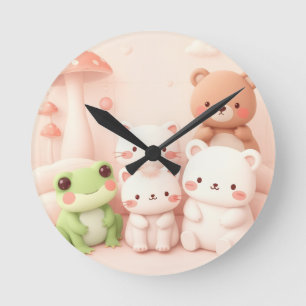 Kawaii Forest Friends Bear Frog and Bunny Nursery  Round Clock