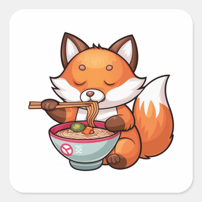 Kawaii fox eating ramen square sticker (Front)