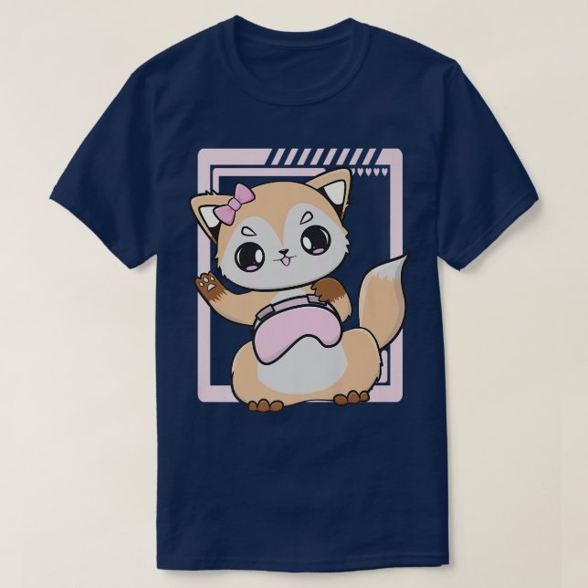 Kawaii Fox Plays Cute Game For Computer Player And T-Shirt (Design Front)