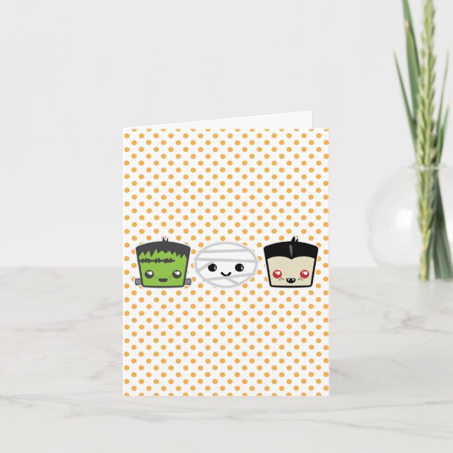 Kawaii Frankenstein Mummy Dracula Note Card (Front)
