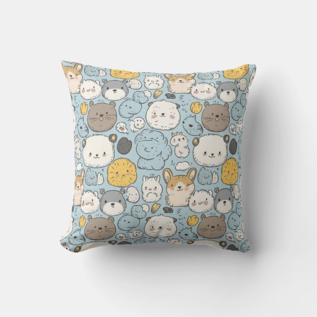 Kawaii Frenzy: Whimsical Doodle of Cute Animals Cushion (Front)