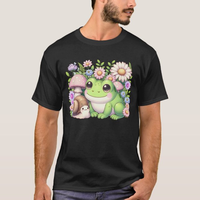 Kawaii Frog And Snail  Aesthetic Floral Mushroom T-Shirt (Front)