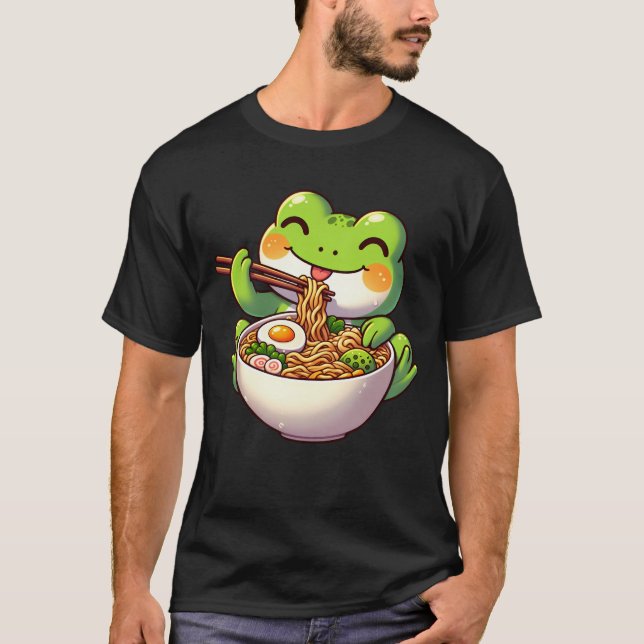 Kawaii Frog Eating Ramen Noodle Anime Japanese T-Shirt (Front)