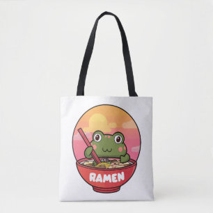 Kawaii frog eating ramen tote bag