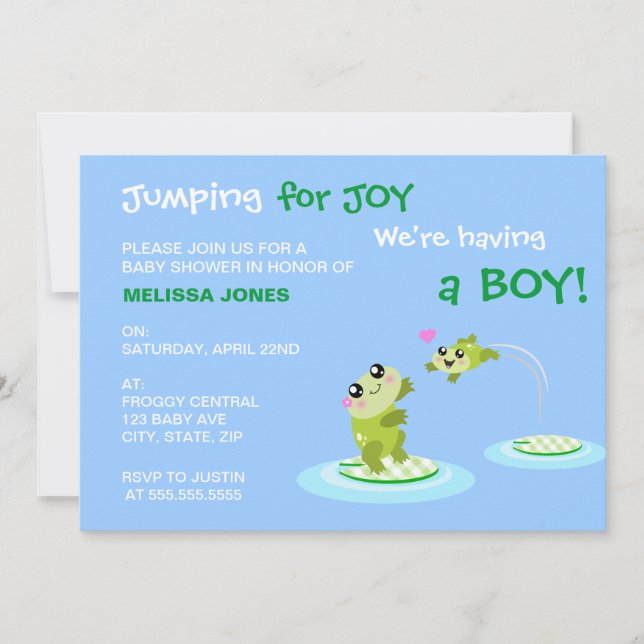 Kawaii frog jumping for joy Blue Boy Baby Shower Invitation (Front)
