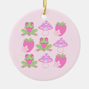 Kawaii Frog, Mushroom, and Strawberry Ceramic Tree Decoration