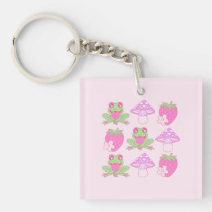 Kawaii Frog, Mushroom, and Strawberry Key Ring