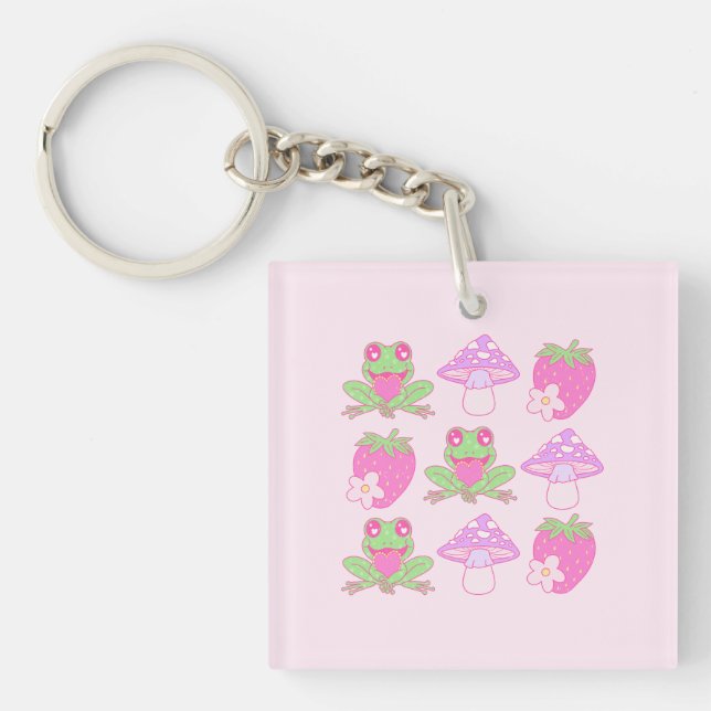 Kawaii Frog, Mushroom, and Strawberry Key Ring (Front)