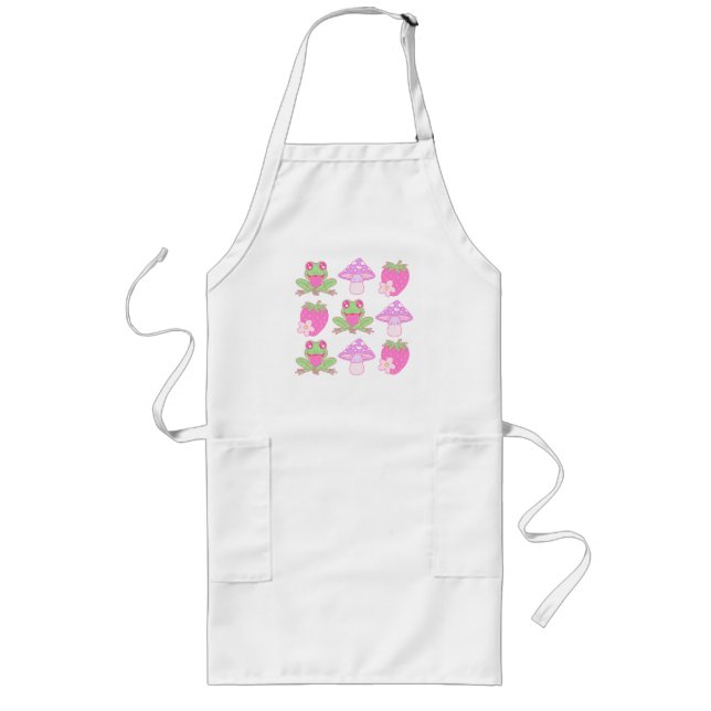 Kawaii Frog, Mushroom, and Strawberry Long Apron (Front)