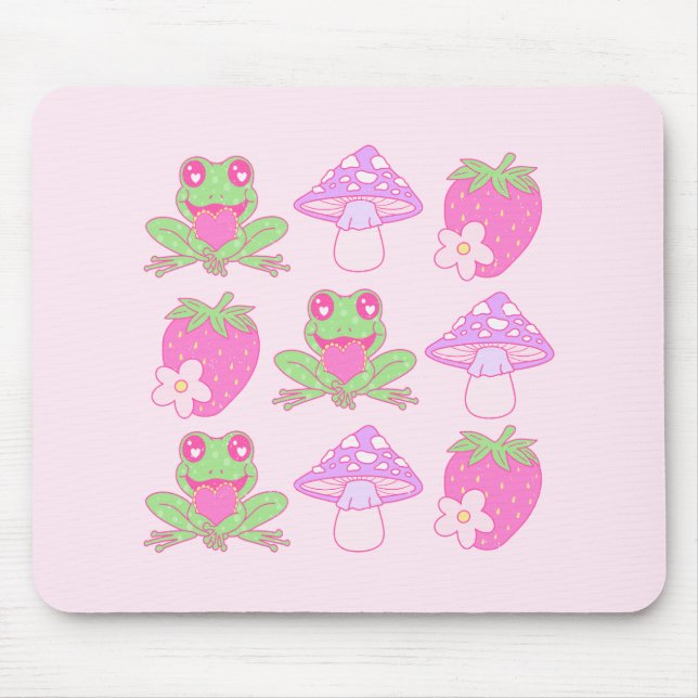Kawaii Frog, Mushroom, and Strawberry Mouse Mat (Front)