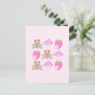 Kawaii Frog, Mushroom, and Strawberry Postcard