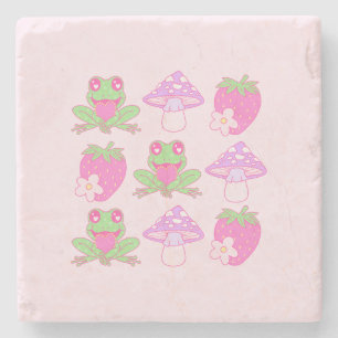 Kawaii Frog, Mushroom, and Strawberry Stone Coaster