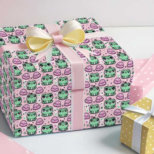 Kawaii Frog Princess Pink & Green Baby Girl Kids Wrapping Paper (Cute frog princess little girl wrapping paper in pink and green)