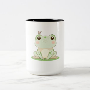 Kawaii Frog with Butterfly Cute Nature Design Two-Tone Coffee Mug