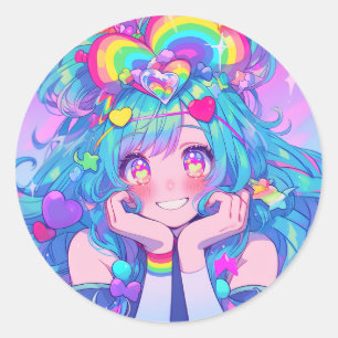 Kawaii Fun Rainbow Anime Girl Classic Round Sticker