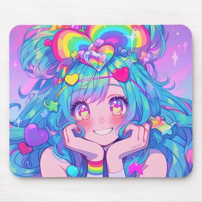 Kawaii Fun Rainbow Anime Girl Mouse Mat (Front)