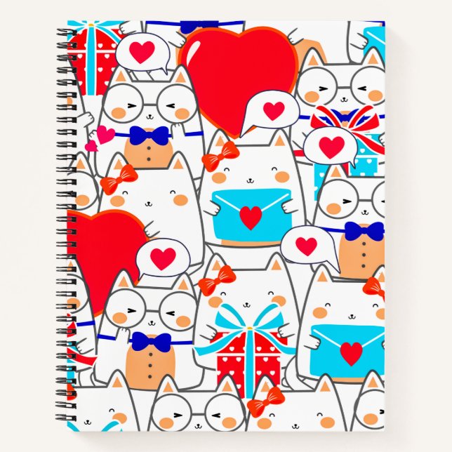 Kawaii Funny Cats Love Pattern Notebook (Front)