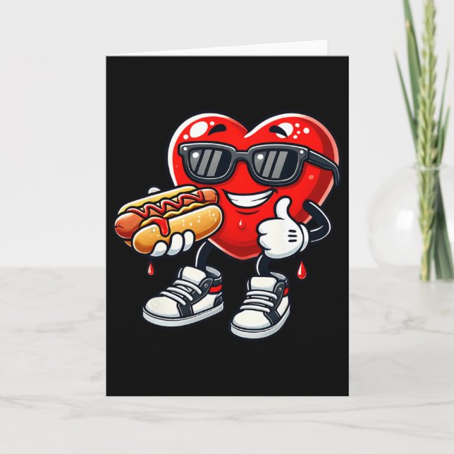 Kawaii Funny Heart Eating Hot Dog Valentine's Febr Card (Front)
