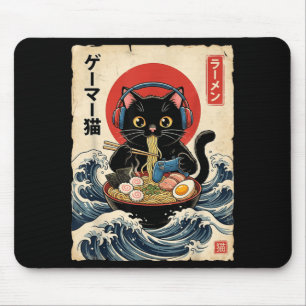Kawaii Gamer Cat Eating Ramen Retro Japanese Anime Mouse Mat