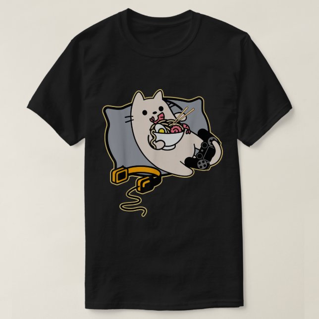 Kawaii Gamer Cat Eating Ramen T-Shirt (Design Front)