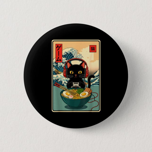Kawaii Gamer Cat Ramen Retro Japanese Funny Cat Ga 6 Cm Round Badge (Front)