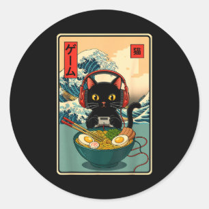 Kawaii Gamer Cat Ramen Retro Japanese Funny Cat Ga Classic Round Sticker