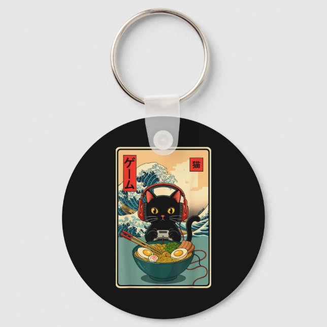 Kawaii Gamer Cat Ramen Retro Japanese Funny Cat Ga Key Ring (Front)