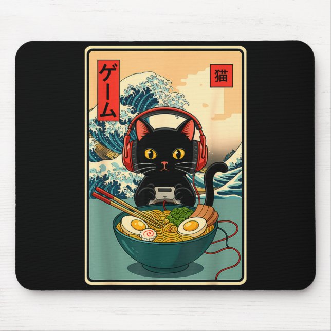 Kawaii Gamer Cat Ramen Retro Japanese Funny Cat Ga Mouse Mat (Front)