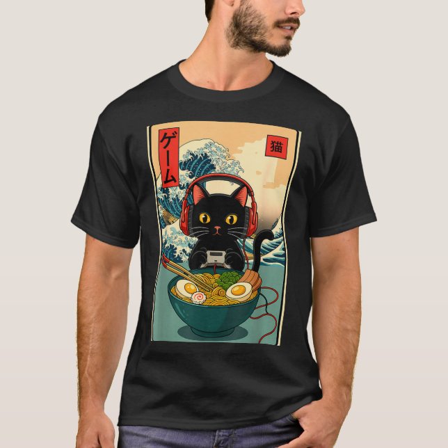 Kawaii Gamer Cat Ramen Retro Japanese Funny Cat Ga T-Shirt (Front)