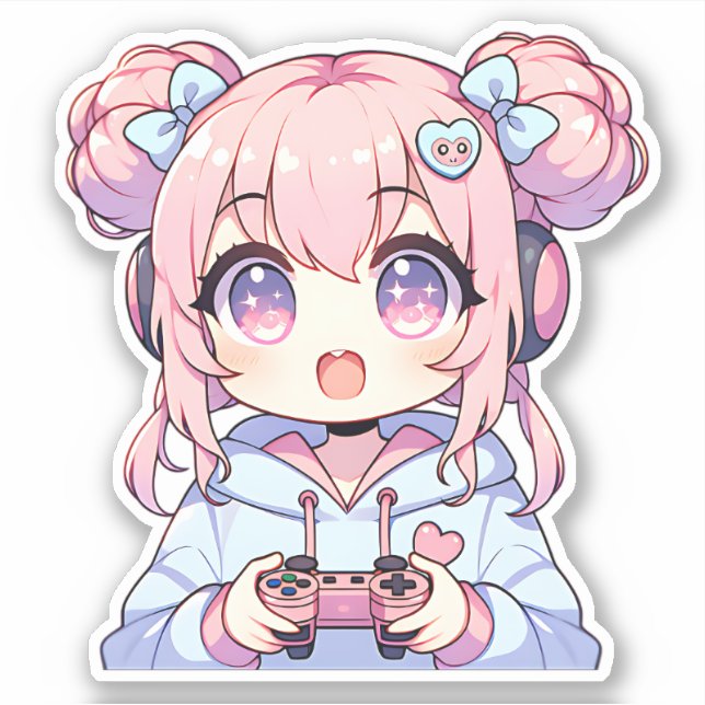 Kawaii Gamer Girl Sticker - Cute Pastel Gaming  (Front)