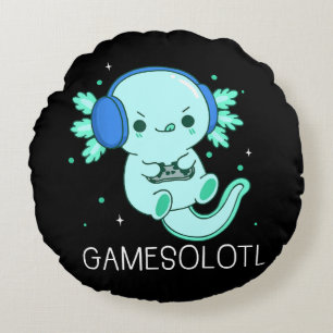 Kawaii Gamesolotl Axolotl Gamer Round Cushion