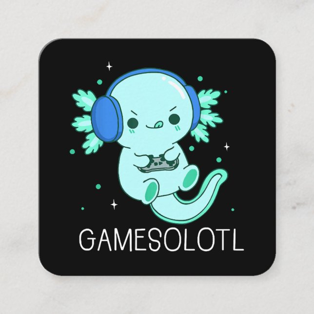 Kawaii Gamesolotl Axolotl Gamer Square Business Card (Front)