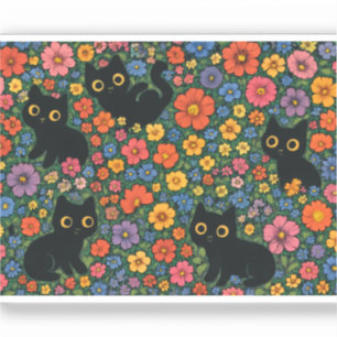 Kawaii Garden Art   Cute Black Cat Floral Pattern
