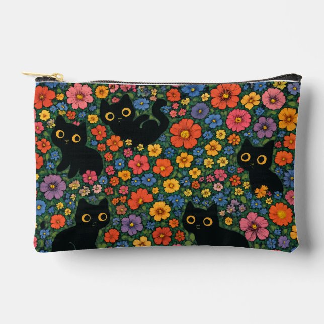 Kawaii Garden Art | Cute Black Cat Floral Pattern Accessory Pouch (Front)