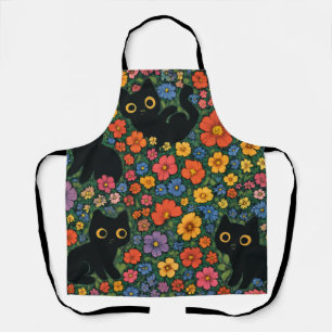 Kawaii Garden Art Cute Black Cat Floral Pattern Apron