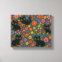 Kawaii Garden Art | Cute Black Cat Floral Pattern