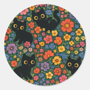 Kawaii Garden Art   Cute Black Cat Floral Pattern Classic Round Sticker