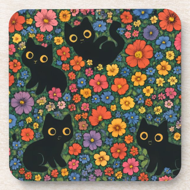 Kawaii Garden Art | Cute Black Cat Floral Pattern Coaster (Front)