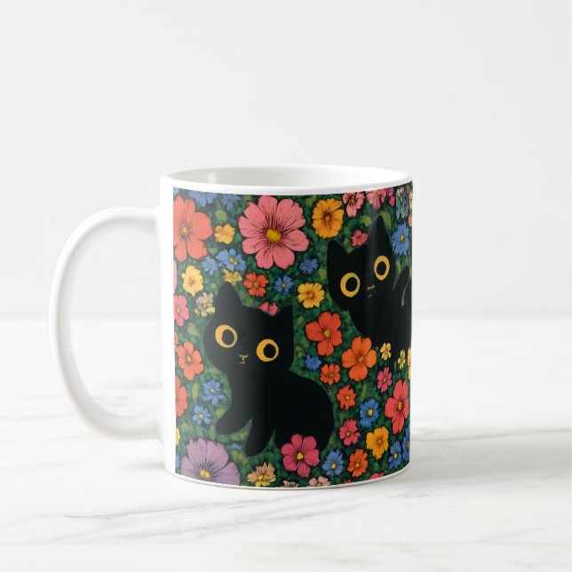 Kawaii Garden Art | Cute Black Cat Floral Pattern Coffee Mug (Left)