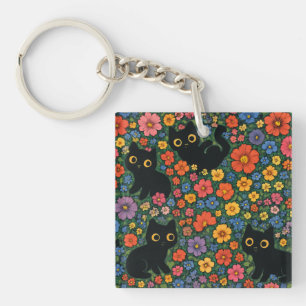 Kawaii Garden Art   Cute Black Cat Floral Pattern Key Ring