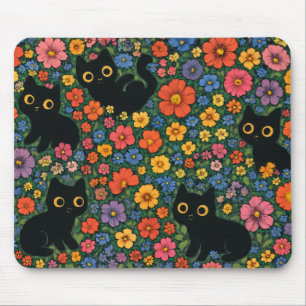 Kawaii Garden Art – Cute Black Cat Floral Pattern Mouse Mat