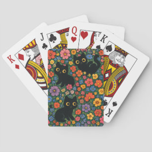 Kawaii Garden Art Cute Black Cat Floral Pattern Playing Cards