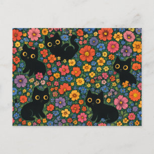 Kawaii Garden Art Cute Black Cat Floral Pattern Postcard