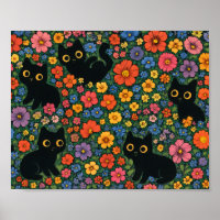 Kawaii Garden Art | Cute Black Cat Floral Pattern