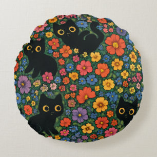 Kawaii Garden Art Cute Black Cat Floral Pattern Round Cushion